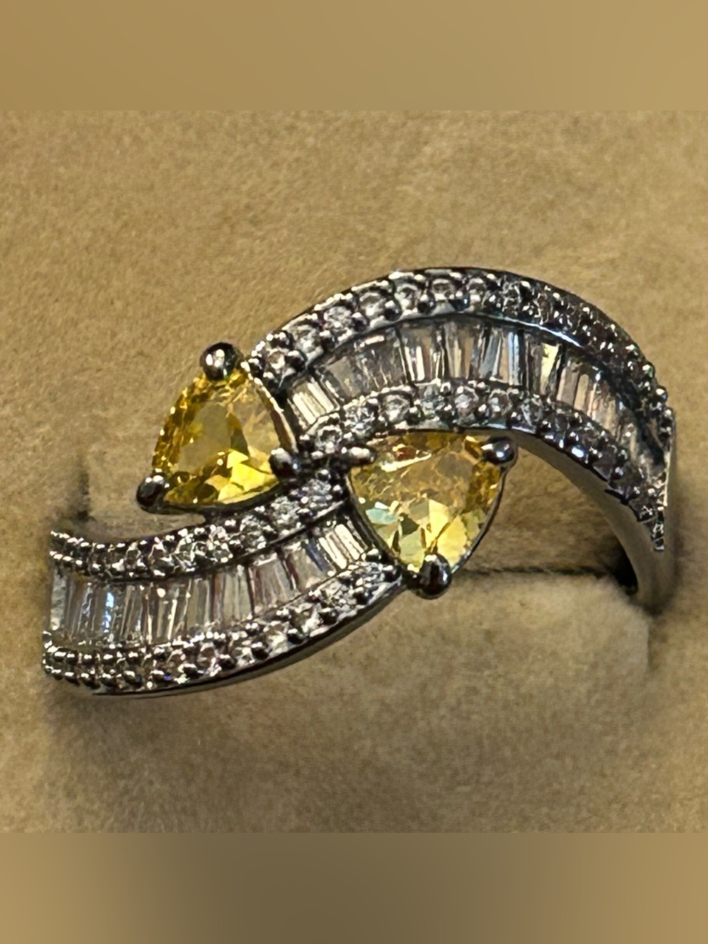 A Kiss Through Haze: Yellow Trillion Cuts & Clear Baguettes & Pave Bypass Ring